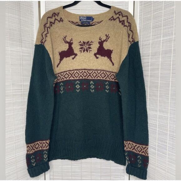 Polo Ralph Lauren Sweater hand knit Large ReinDeer Buck Fair Isle Wool Holiday - Picture 1 of 4